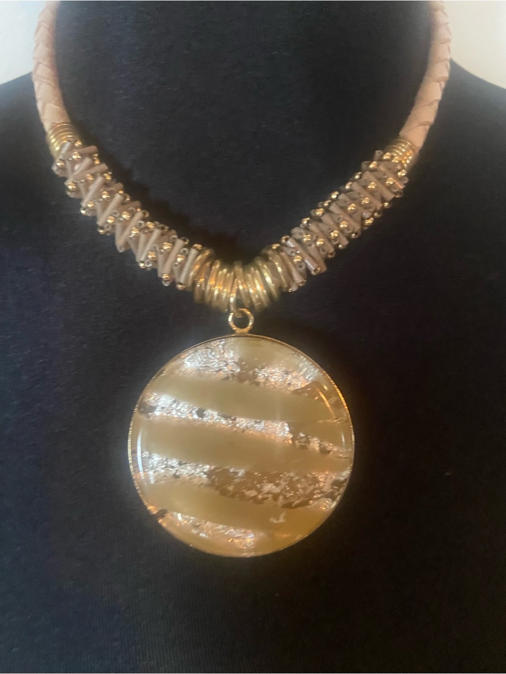Chico's Gold-Tone Braided Collar Necklace with Round Striped Pendant